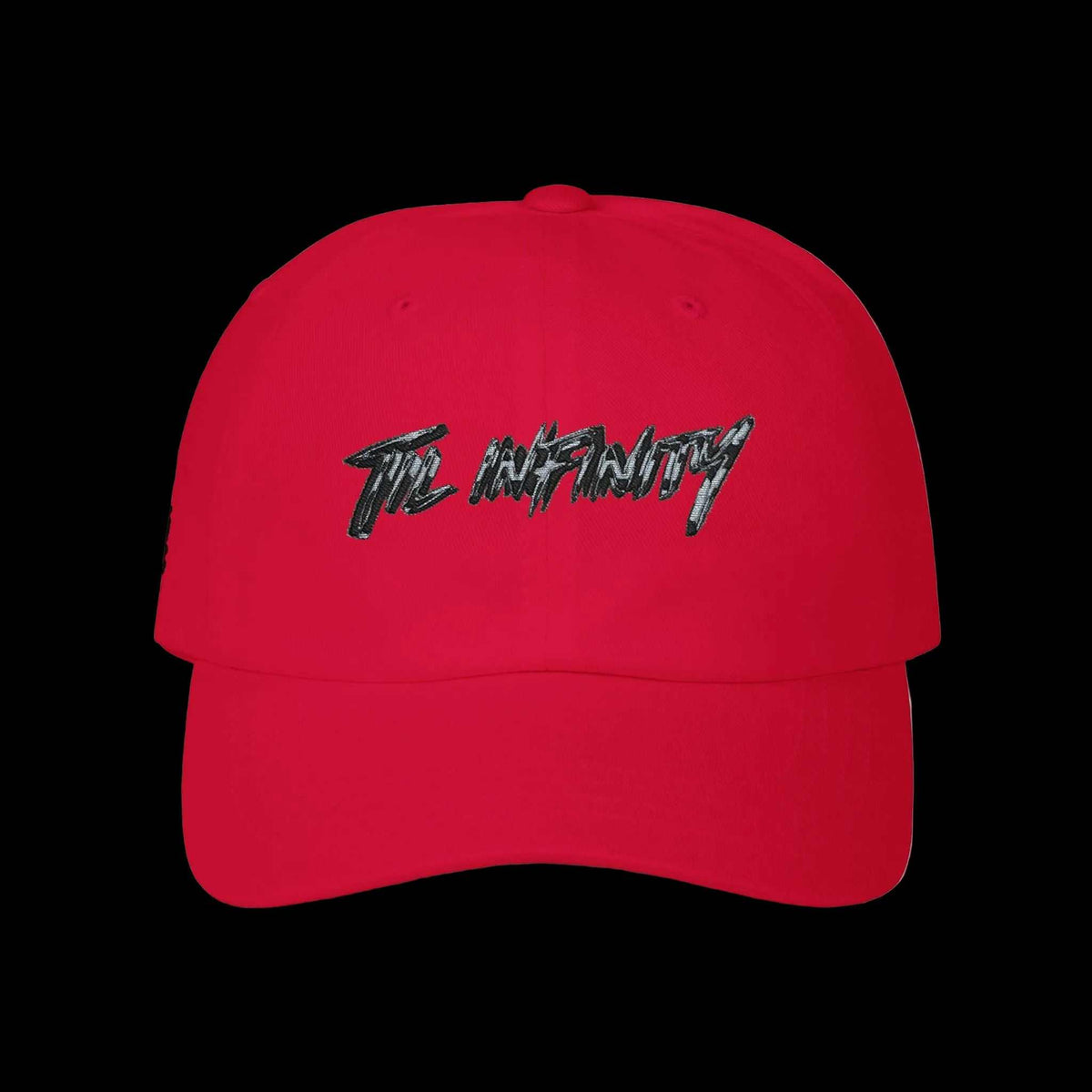 Til Infinity "Eight Senses" Cap, bright red cotton cap with a curved brim and black embroidered front logo.