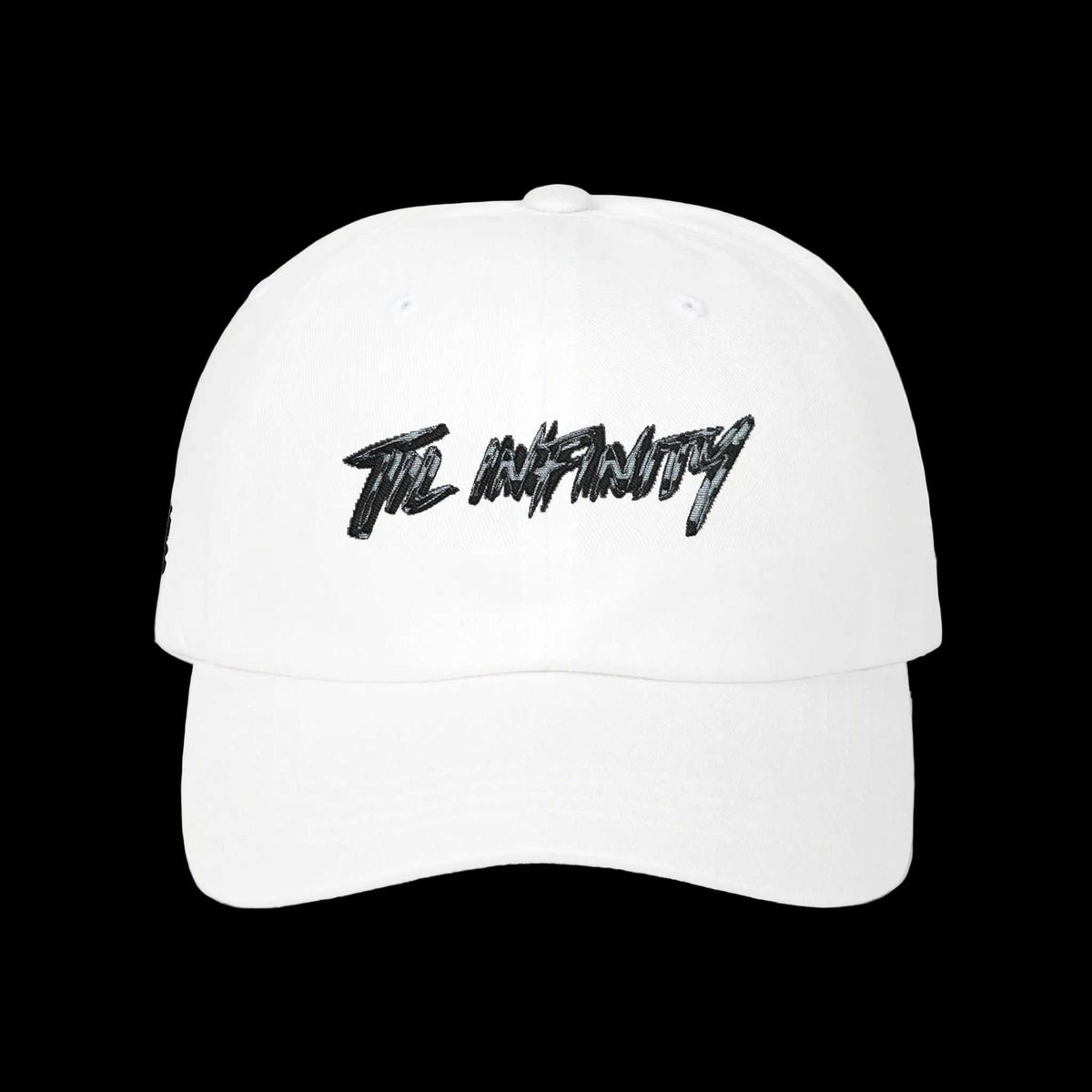 Til Infinity "Eight Senses" Cap in white cotton twill, with a curved brim and bold black script logo across the front.