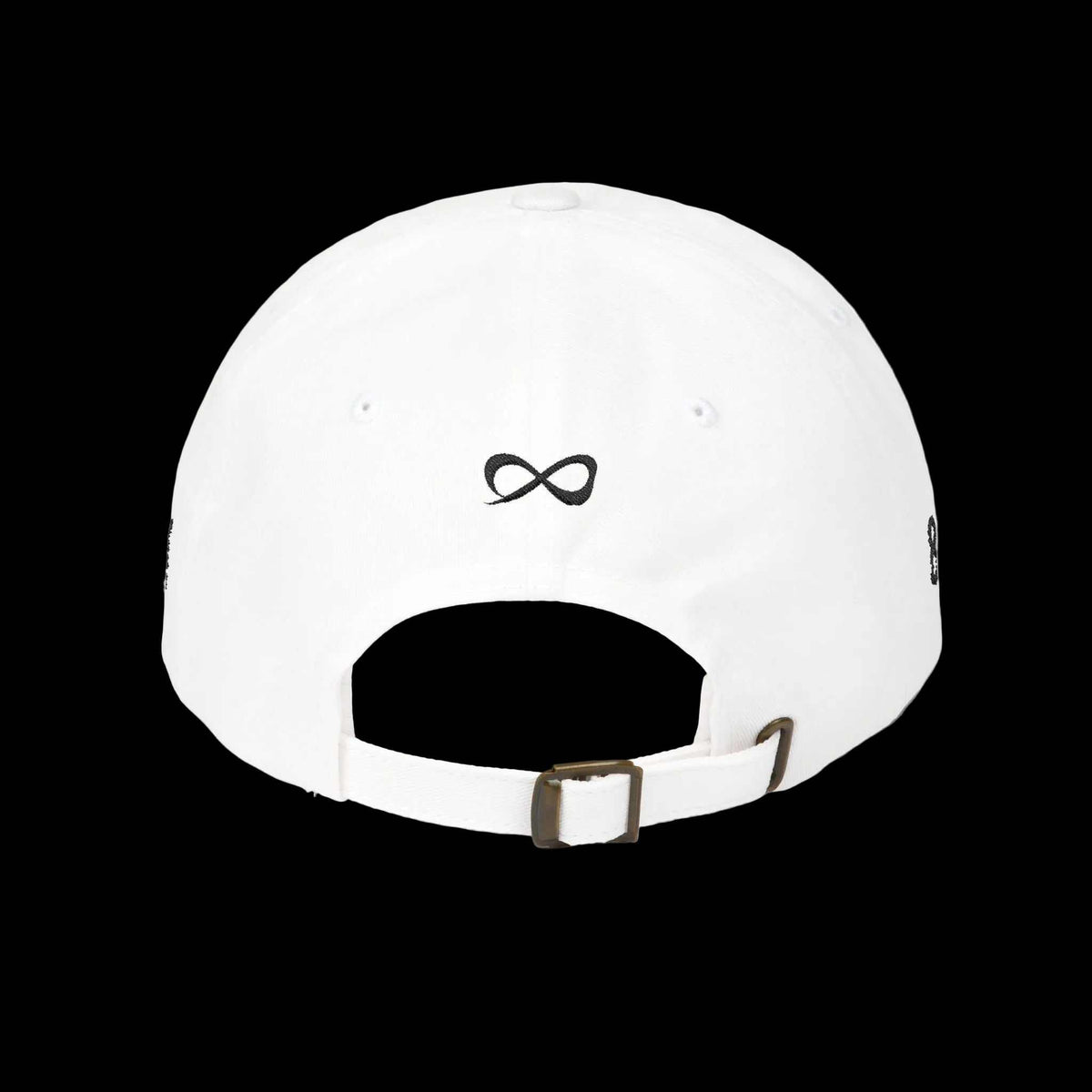 Til Infinity "Eight Senses" Cap, white cotton with a low-profile six-panel design, black infinity emblem and adjustable buckle strap.