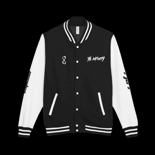 TIL INFINITY EXCLUSIVE varsity jacket in black and white cotton blend, with striped ribbing, snap buttons and graphic lettering.