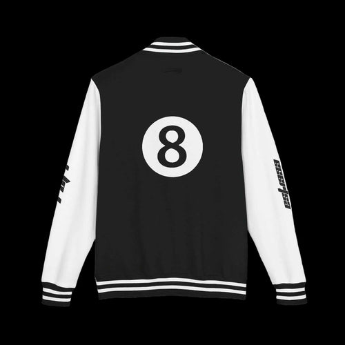 TIL INFINITY EXCLUSIVE varsity jacket in black with white sleeves, striped ribbing, and a bold number 8 back graphic.