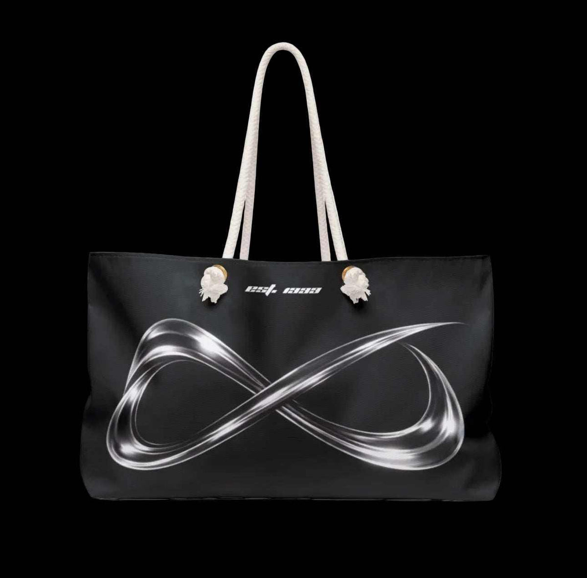 TIL INFINITY "FOREVER" oversized black polyester tote with cream rope handles and a large silver infinity motif.
