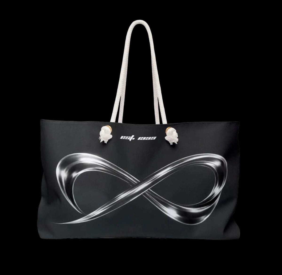TIL INFINITY "FOREVER" oversized tote in black polyester, with a silver chrome infinity motif and cream rope handles.