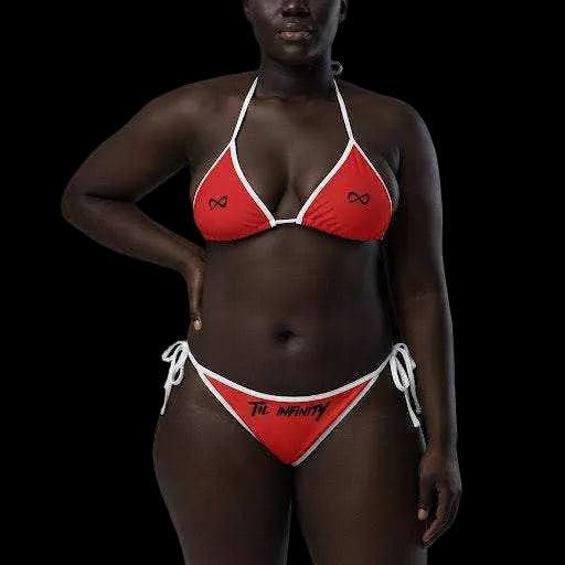 TIL INFINITY string bikini in bright red stretch fabric with white piping, infinity motifs, and adjustable tie sides