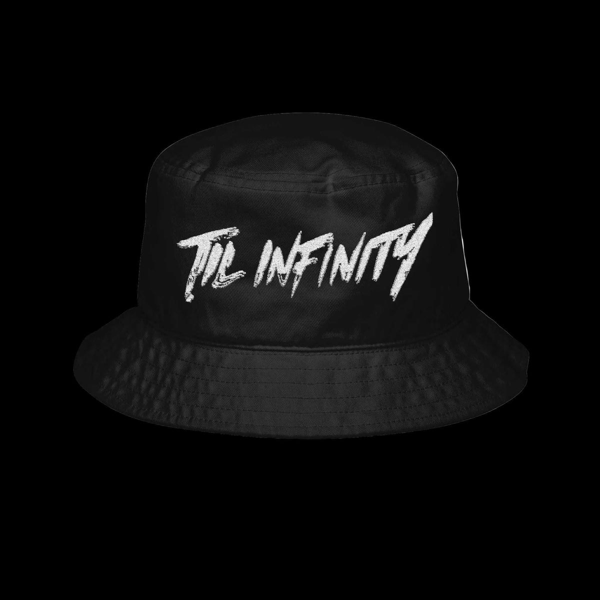 Bucket hat TIL INFINITY "Solidtude", in black fabric with a wide stitched brim and bold white front lettering.