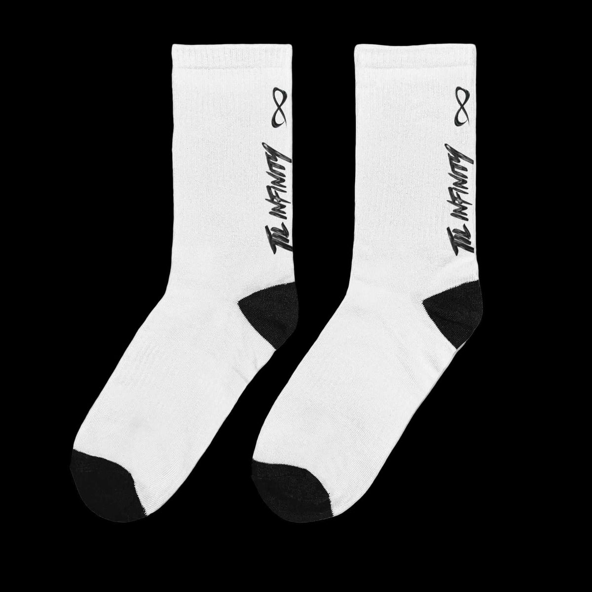 Unisex Padded Crew Socks in white with black heel and toe panels, ribbed cuffs, and vertical black branding with an infinity symbol.