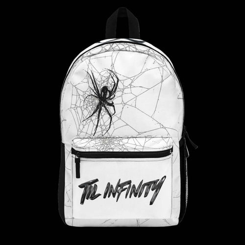 "Web-Weaver" Utility Backpack in white fabric with black spiderweb graphics, a large spider motif and front zip pocket.