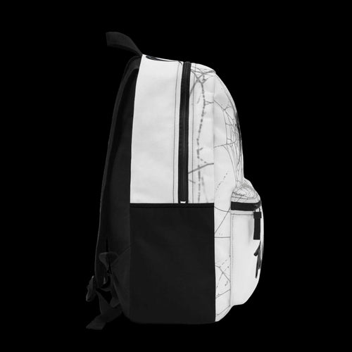 "Web-Weaver" Utility Backpack in white polyester with fine black web lines, black side panels, zip closure, and front pocket.